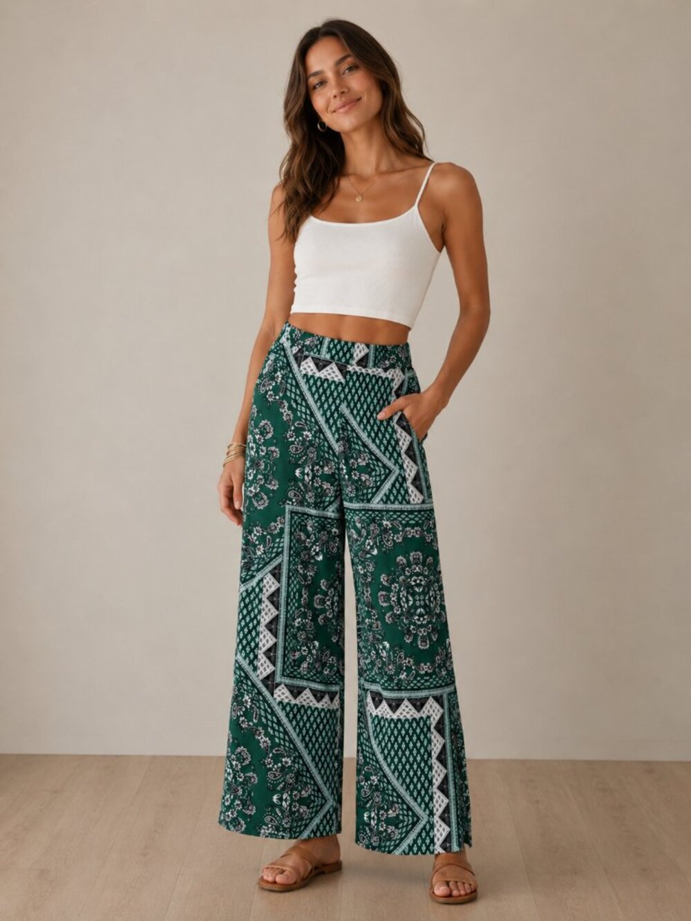 Womens Wide Leg Pants XS Green Black Pockets Lightweight Relaxed Fit Hippie